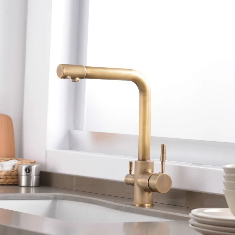 

Bronze water purifier faucet hot and cold rotatable three-in-one kitchen faucet single hole copper wire drawing