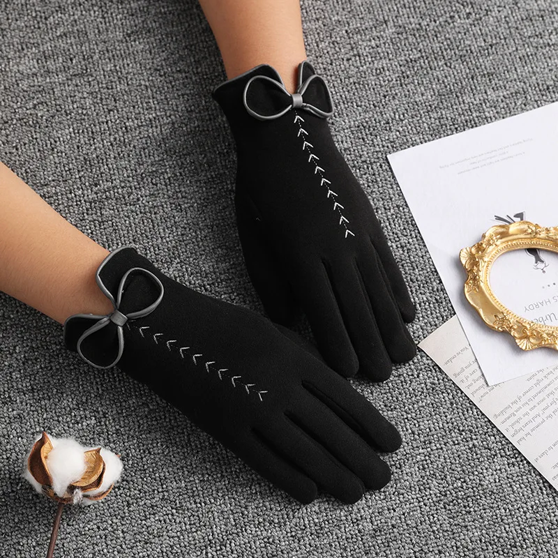 

MYALICE Women Winter Driving Cashmere Warm Gloves Girls Bow Embroidery Velvet Touch Screen Mittens Outdoor Sport Cycling Gloves