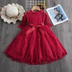 Детское праздвечерние платье для девочек, Красное Кружевное Повседневное платье с длинным рукавом, Осень-зима, 2019
