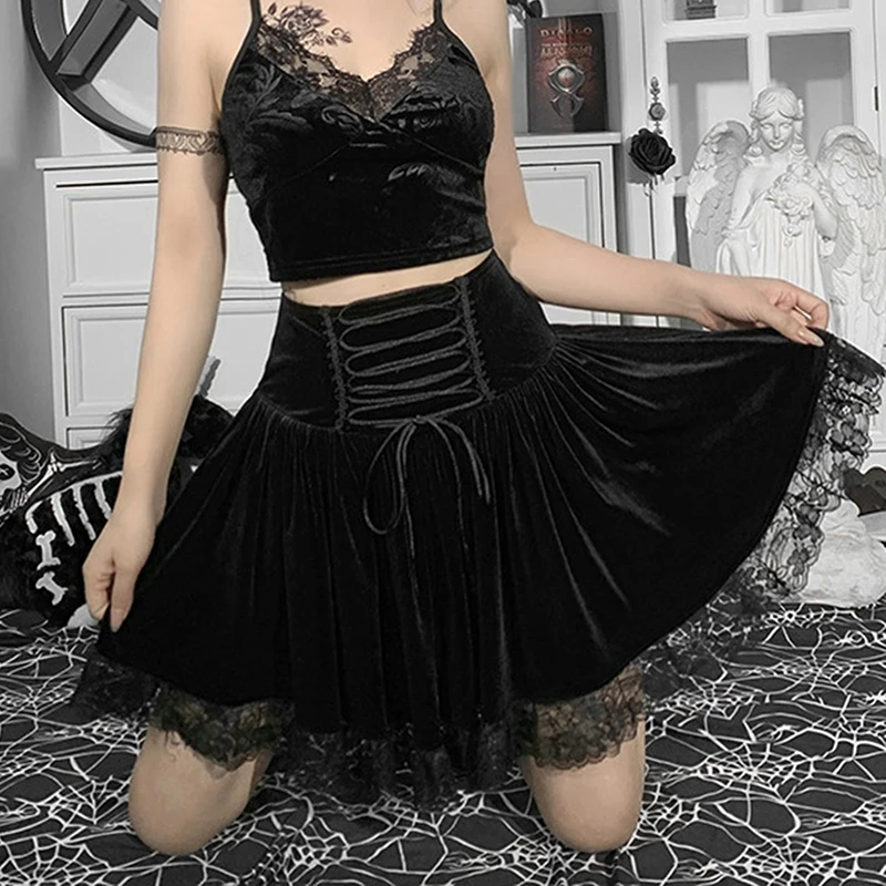 

Women Tie Up Bandage Skirt, Elastic High Waist Casual Lace Floral Hem Autumn Half Length Dress