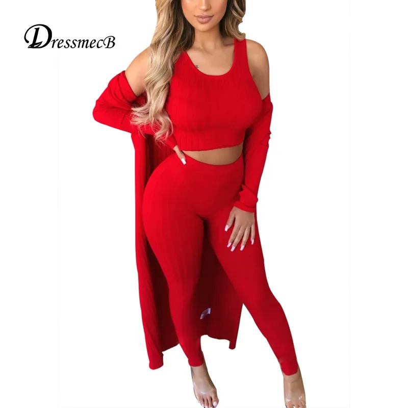 Dressmecb трикотажные однотонные костюмы из трех предметов женский свитер короткий