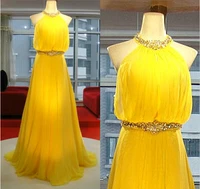 crystal sexy backless high neck prom gowns 2019 new yellow chiffon floor length a line party custom made bridesmaid dresses