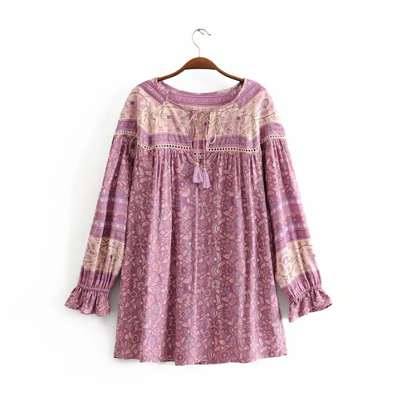 Everkaki Boho блузки с цветочным принтом, Рубашки, Топы, женские, с кисточками, с завязками на шее, с длинными рукавами, винтажные топы, блузки, женские,, Осень-зима