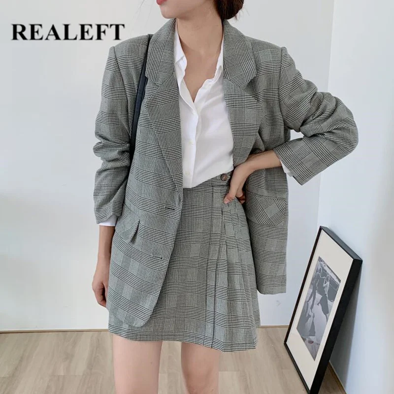 Женский винтажный клетчатый костюм REALEFT комплект из двух предметов Блейзер