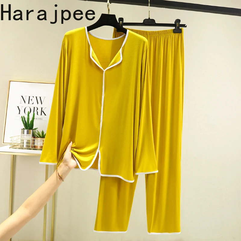 

Harajpee Modal Pajama Set Women Spring and Autumn Loose Long Sleeved Home Clothes Casual Outwear Thin Two-piece Set 2021 Leisure