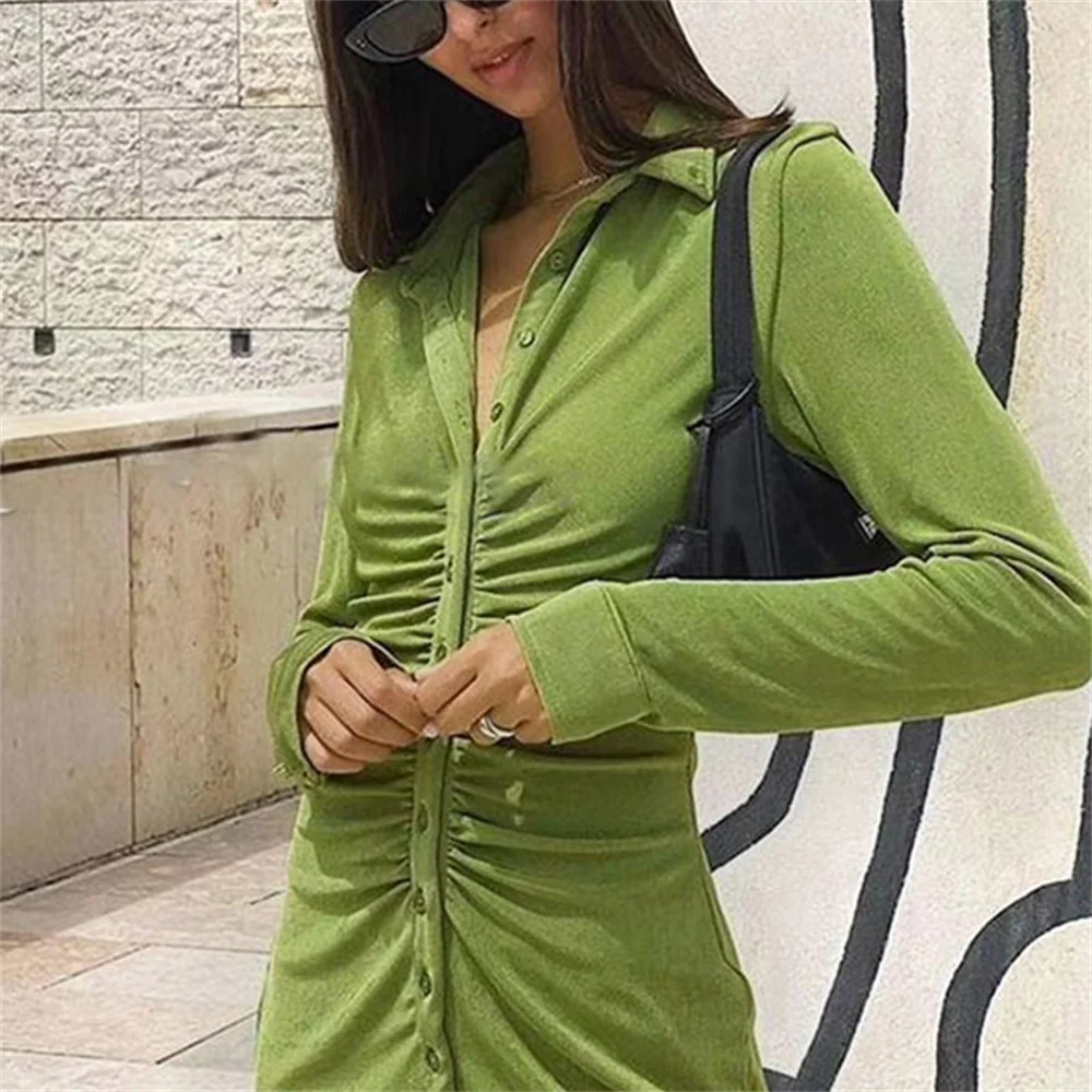 

2021 модное платье-рубашка с рюшами для женщин, сексуальное облегающее однотонное вечернее мини-платье на пуговицах, элегантное облегающее п...