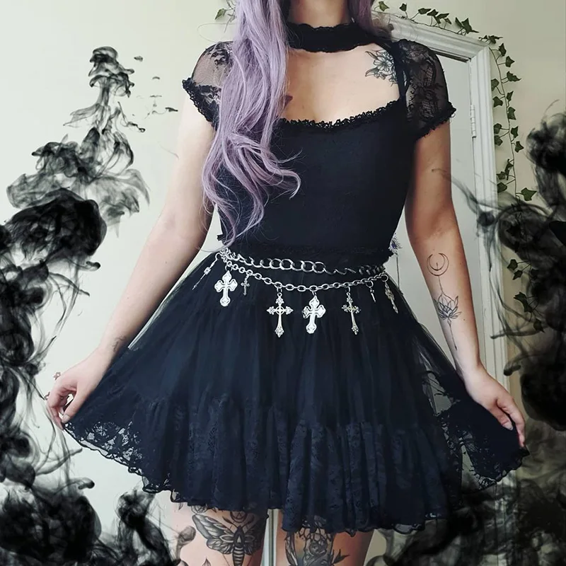 Женская Винтажная Футболка InsGoth футболка с коротким рукавом и кружевной отделкой