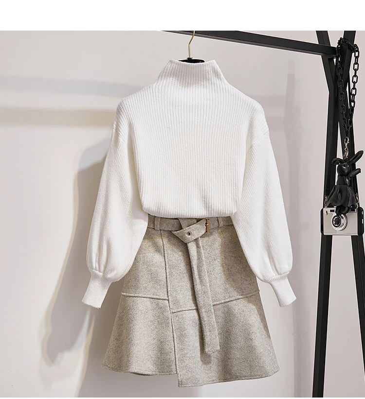 white gray New Winter Pullover Sweater& Woolen Cloth Lantern Sleeve Knitted Top Irregular Skirt Suit With Belt Outfit Casaul Clothes - Цвет: white gray