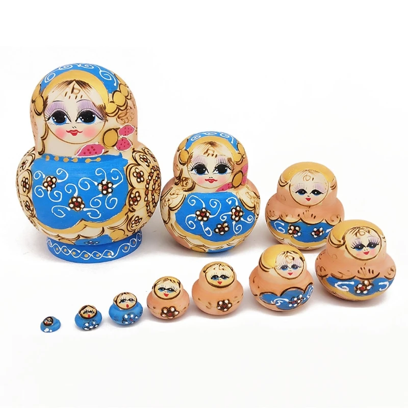 

C5AA 10pcs Wooden Russia Nesting Dolls Gift Wishing Doll with Beautiful Flower Matryoshka Creative Children Traditional Birthday