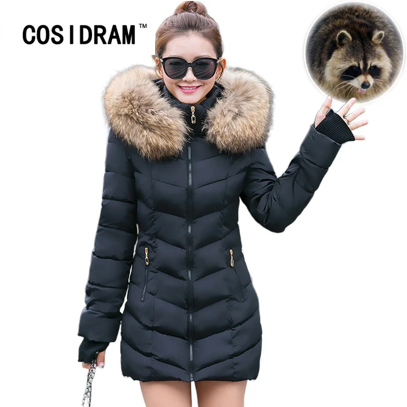 COSIDRAM искусственный мех енота женская зимняя пуховая куртка с капюшоном толстая