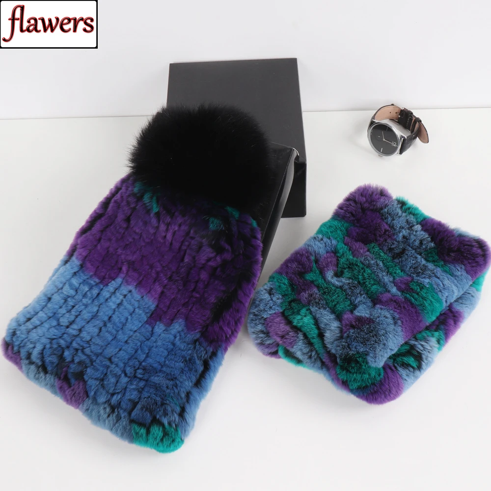 

Hot Sell Women Good Elastic Real Rex Rabbit Fur Scarf Hat Sets Winter Warm Lady Knitted Natural Fur Scarves Hats Set Wholesale