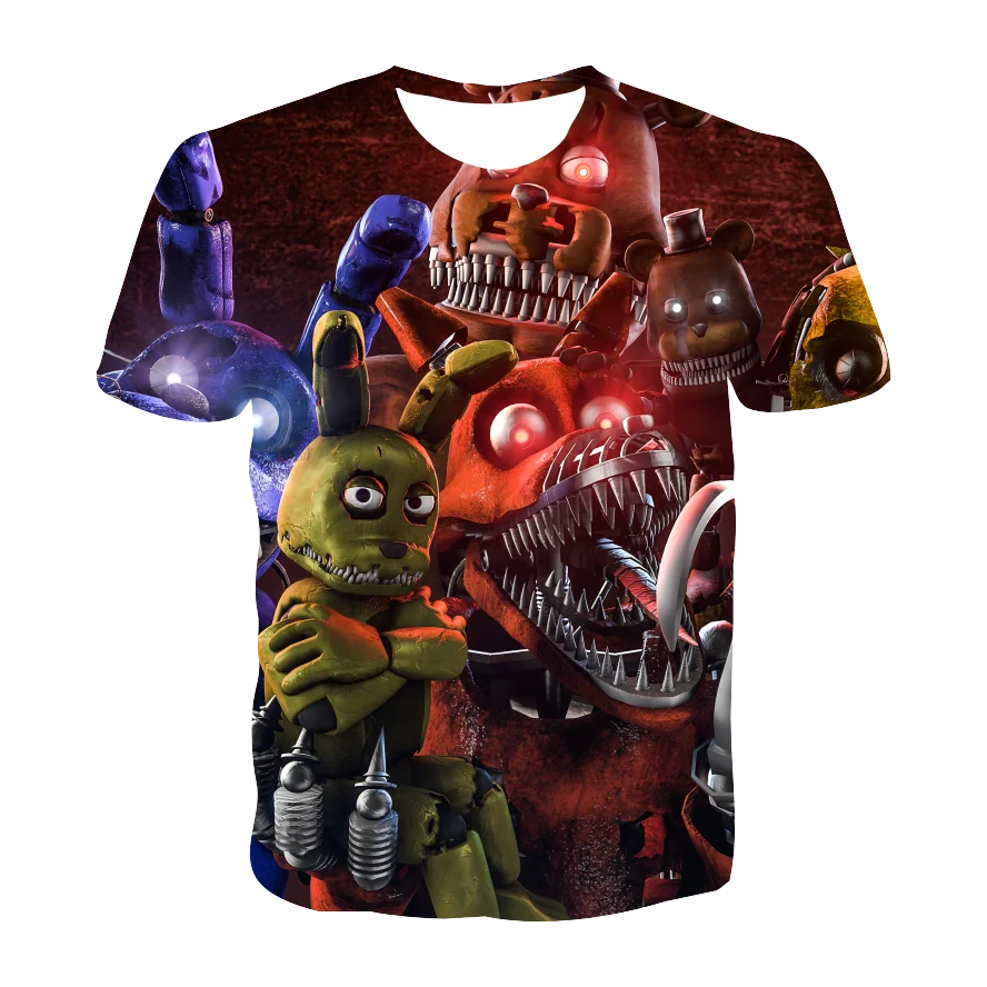 

Nova impressão 3d meninos e meninas camiseta "cinco noites de ursinho" camiseta meninos e meninas moda manga curta fnaf crianças