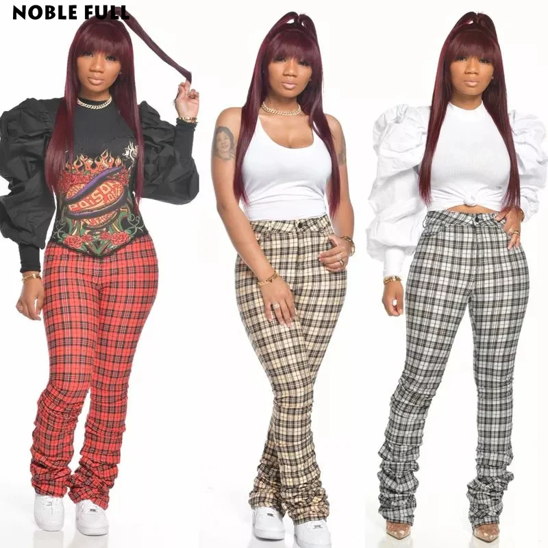 

Клетчатые штапельные тренировочные брюки для женщин 2020 эластичные брюки размера плюс расклешенные брюки Стрейчевые леггинсы с высокой тал...