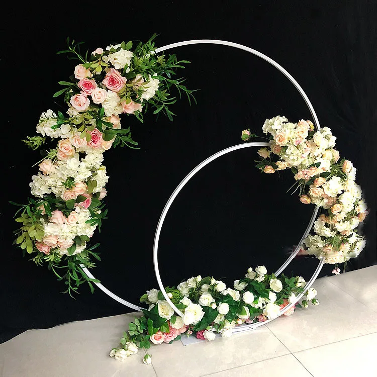 Wedding props wrought iron concentric round arches wedding decor double ring arch flower T platform stage backdrop layout 2pcs