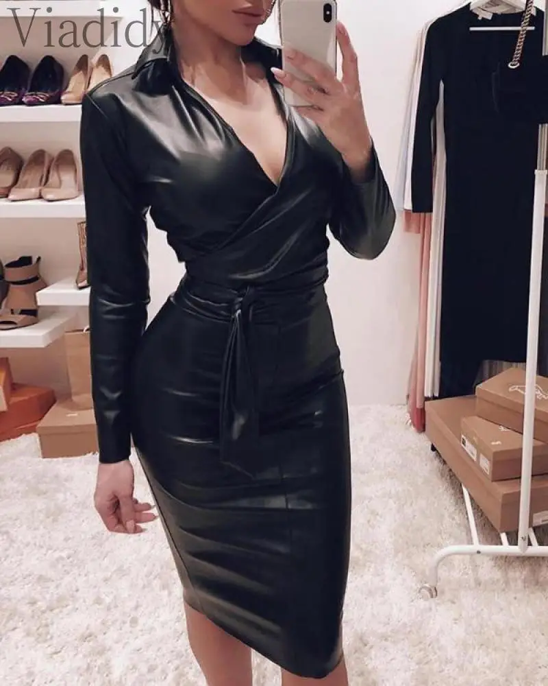 

Women Sexy PU Leather V-Neck Long Sleeve Bodycon Dress With Belt