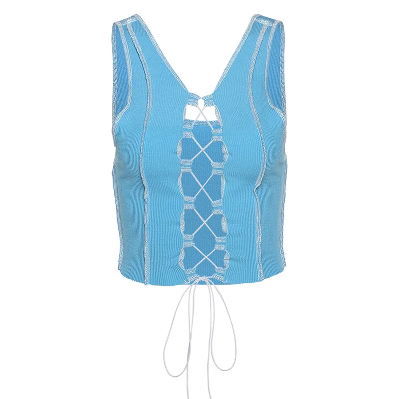 

Sexy Hollow Out Camisole Women Ribbed Knitting Crop Tops Summer Fashion Club Party Wear Tank Tops Bandage Vest Female Tee 2021 #
