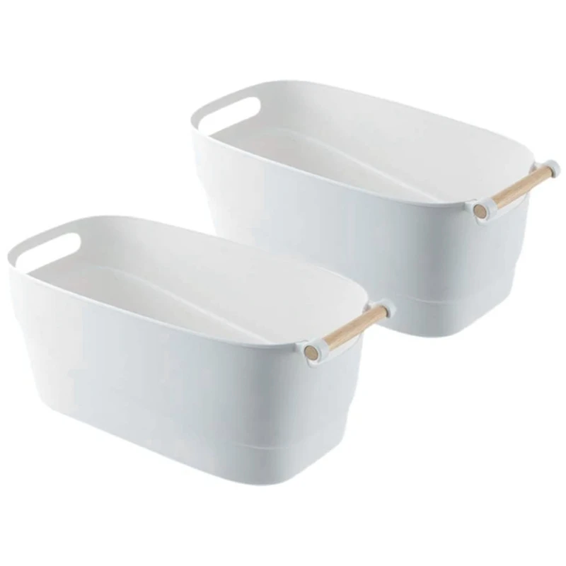 Storage Bins with Wood Handle Sleek Design - White Matte Plastic Organizer Bucket Easy to Clean Medium(2 PCS) | Дом и сад