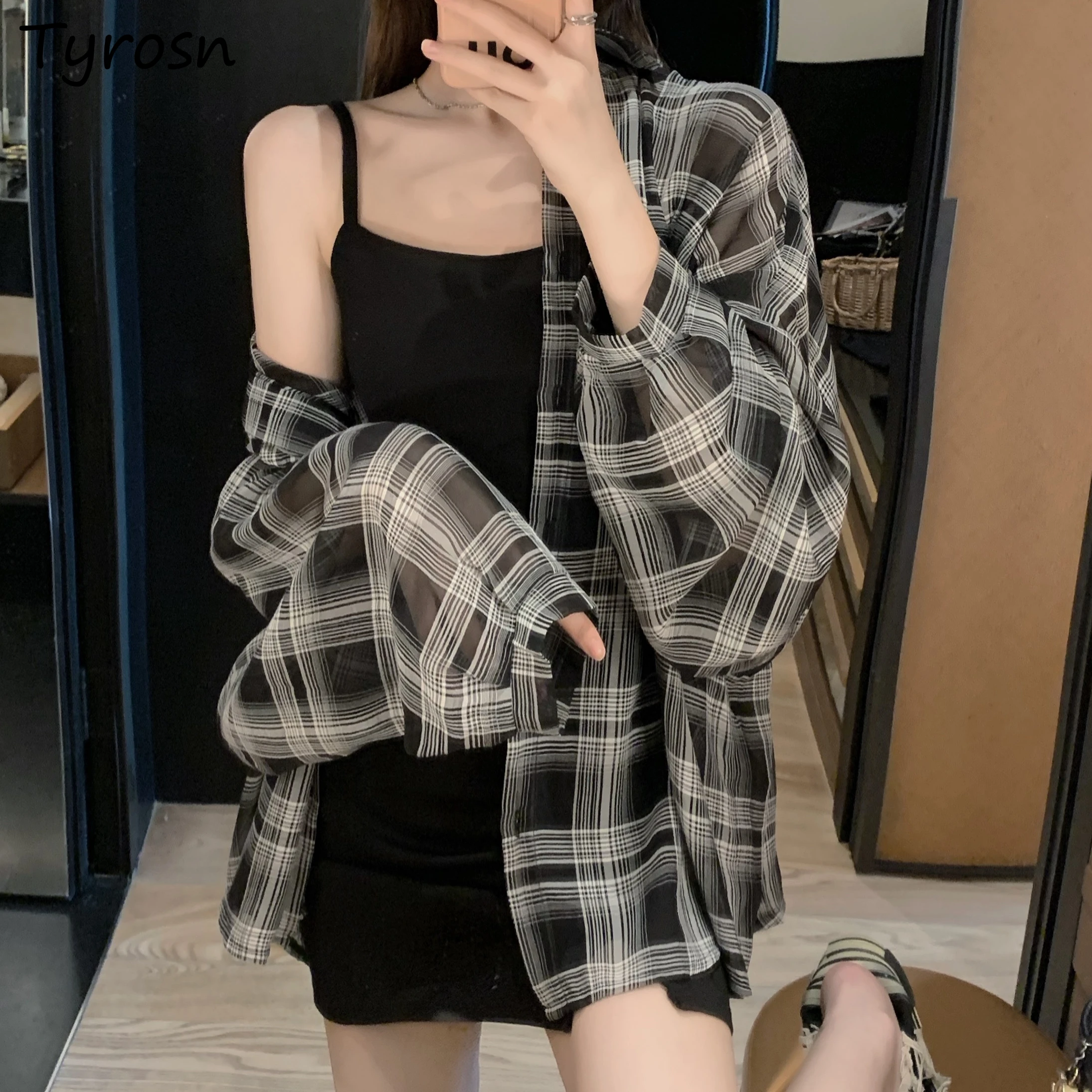 

Блузка женская в клетку, Классическая простая универсальная уличная одежда, шифоновая Модная рубашка в стиле ретро с рукавами-фонариками, с...