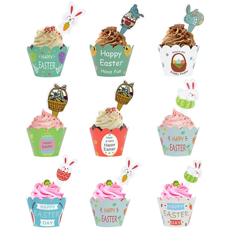 

24pcs Easter Decorations Happy Easter Party Cupcake Wrappers Cake Topper Baby Shower Rabbit Cake Decor Party Favors Gift