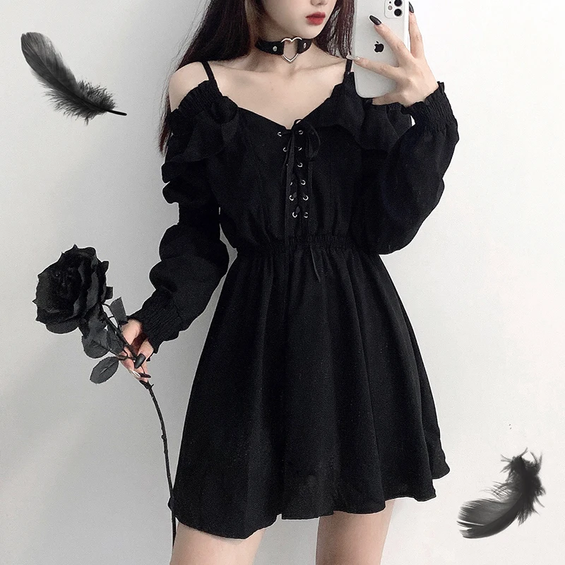 

Women dress demon girl original black spring and autumn 2021 sexy high waist femme dress shoulder long sleeve gothic dress