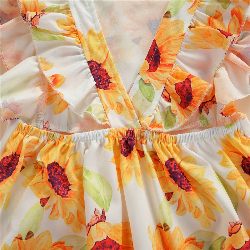 

2-7Years Kids Children Girls Sweet Dress,Baby Girls Summer Casual Cotton Sunflower Print Square Collar Fly Sleeve Ruffled Dress