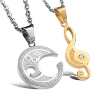 2pcs crystal jewelry music symbol break moon chain stainless steel lovers i love you couple necklaces pendants for women men