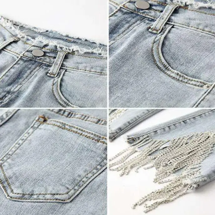 

Spring Autumn 2021 Rhinestone Fringed Flared Pants Stretch Slim High Waist Ripped Jeans Women Denim Pants Female Vaqueros w77