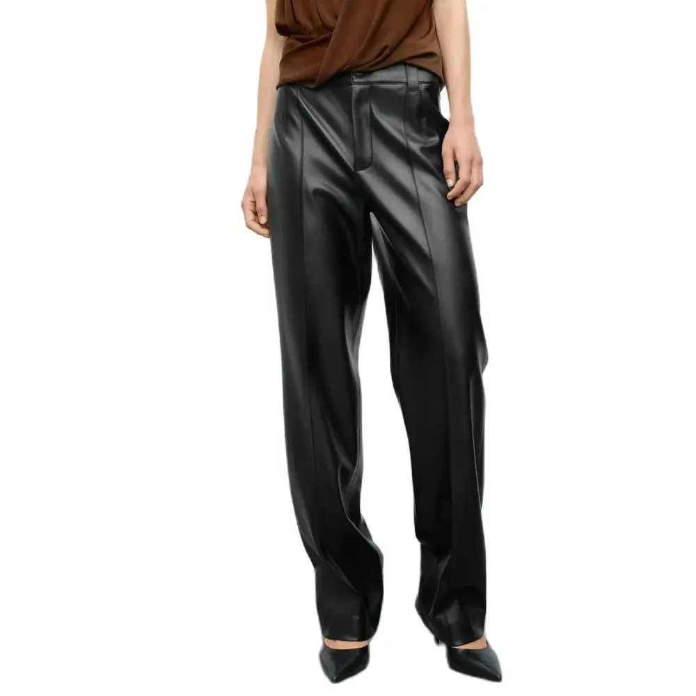 

2021 New Fashion Women Sexy Black Faux Leather High Waist Straight Pants Female Vintage Loose PU Zipper Fly Trousers Streetwear