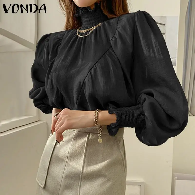 

VONDA 2021 Spring Blouse Women Casual Long Sleeve Solid Flare Sleeve Blusas Femininas Loose Turtle Neck Pleated Blouse Plus Size