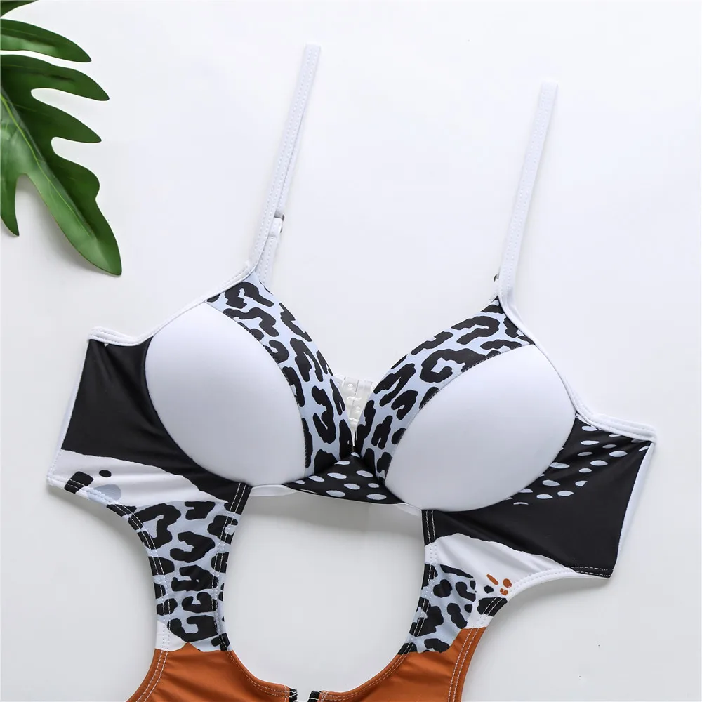 Купальник 2020 цельный сексуальный леопардовый принт белый с открытой спиной