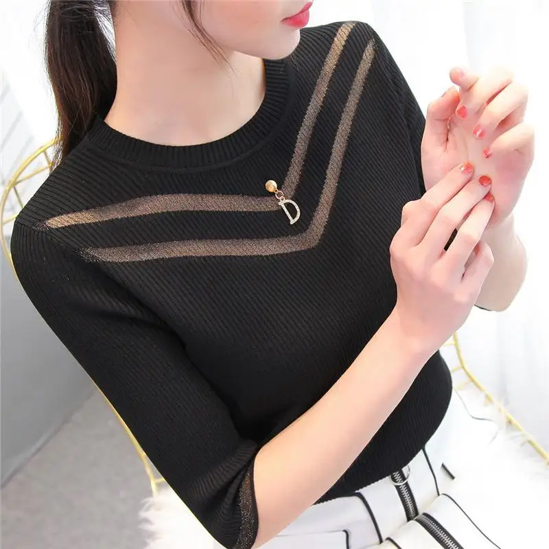 

Ice silk chiffon stitching yarn hollow knit slim round neck T-shirt women's short sleeve jacket autumn new bottoming shirt women