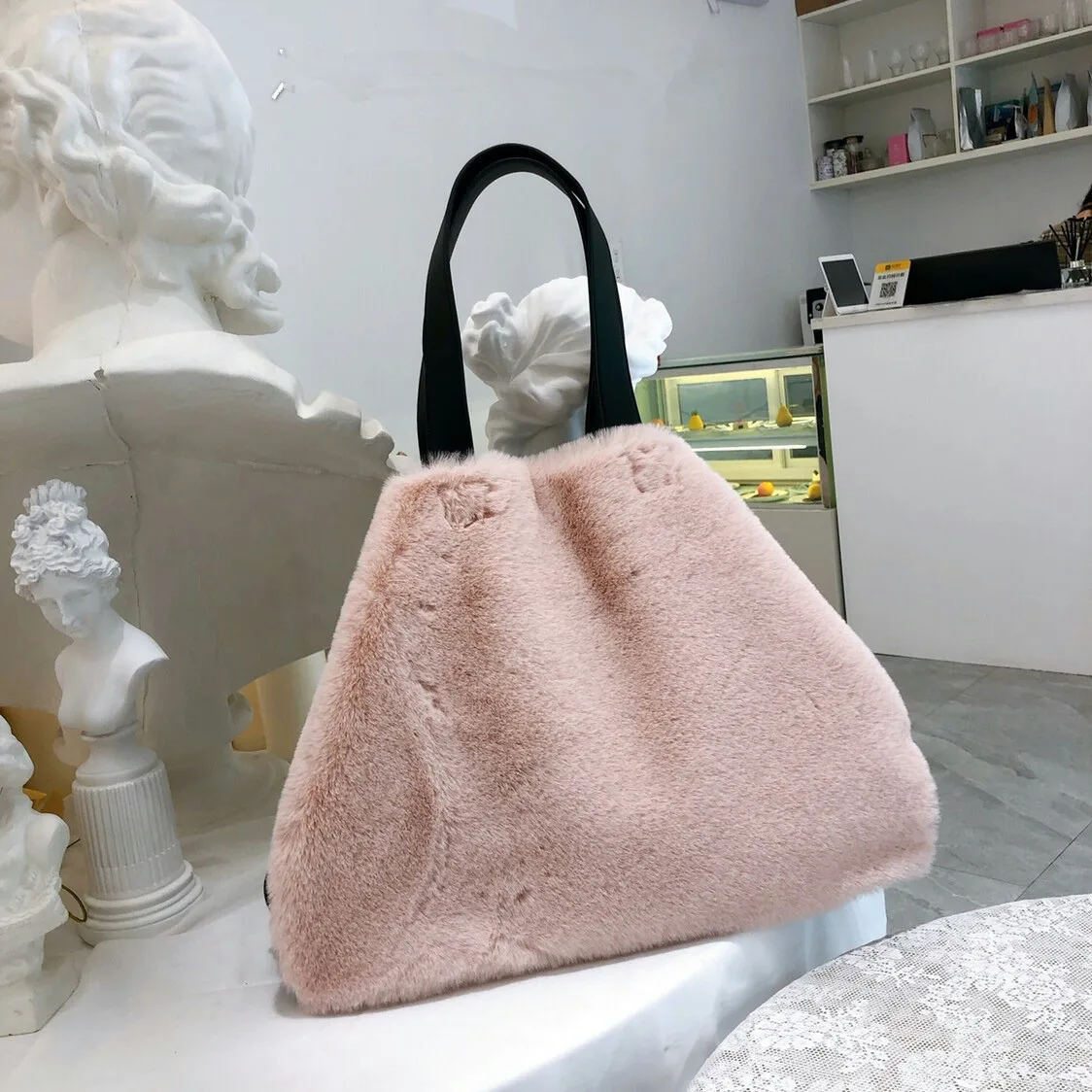 Розовый Женские меховые сумки из кроличьей шерсти Bolsa для женщин, зимняя Сумочка, Большая вместительная сумка через плечо, женская сумка с ручкой сверху - Цвет: Розовый