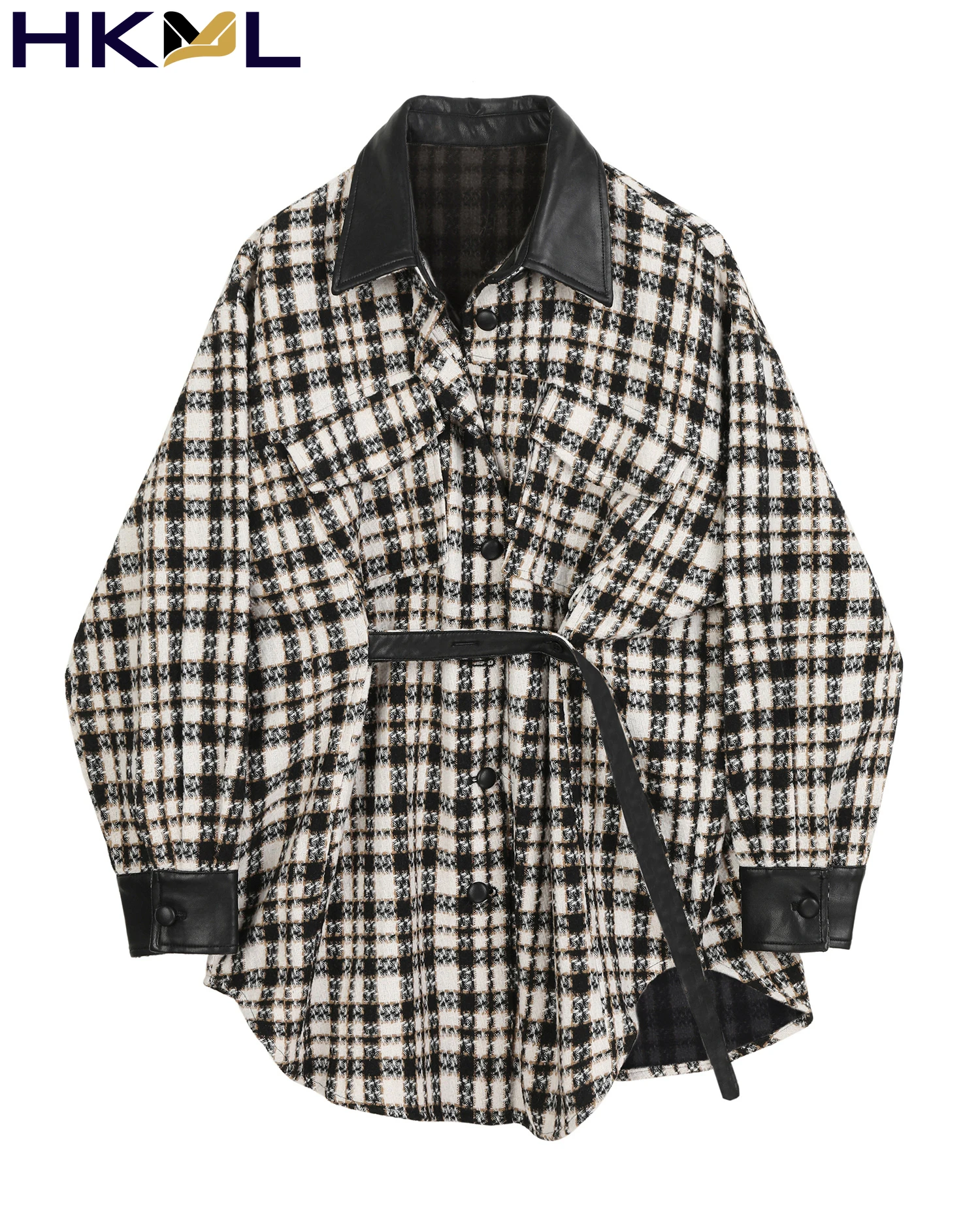 

Pu Leather Women Tweed Stitching Lapel Single-breasted Coat Woolen 2021 New Autumn With Belt