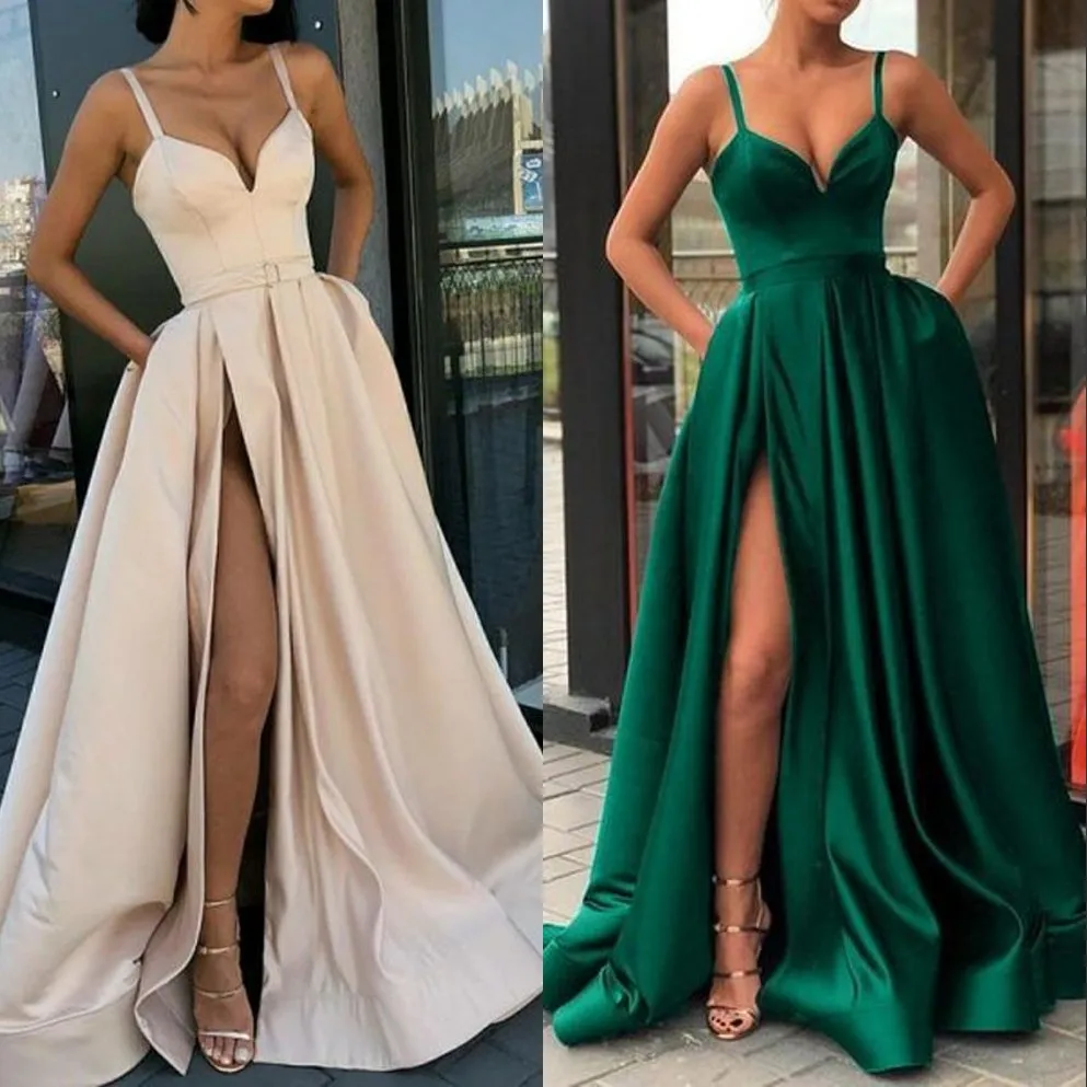 

High Split Evening Dresses 2020 with Dubai Middle East Formal Gowns Party Prom Dress Spaghetti Straps Plus Size Vestidos De