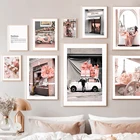 Картина на холсте с изображением девушки розового цветка в подарок Парижский город настенные картины скандинавские плакаты и принты настенные картины для декора гостиной