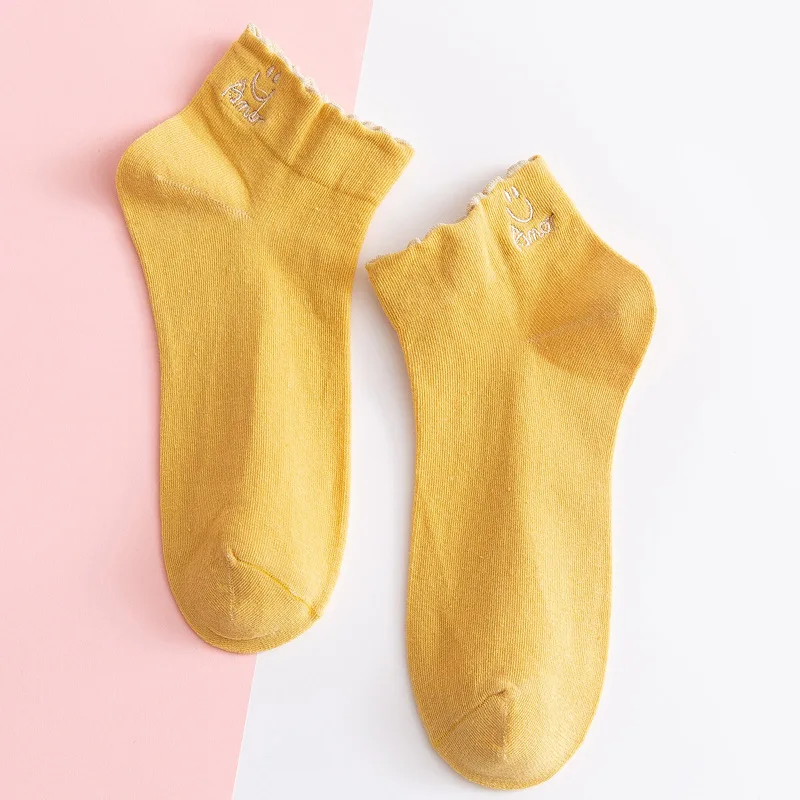 

10pairs/lot Spring Summer New Women's Japanese Embroidery Face Cotton Socks College Style Low Socks Solid Color Smiley