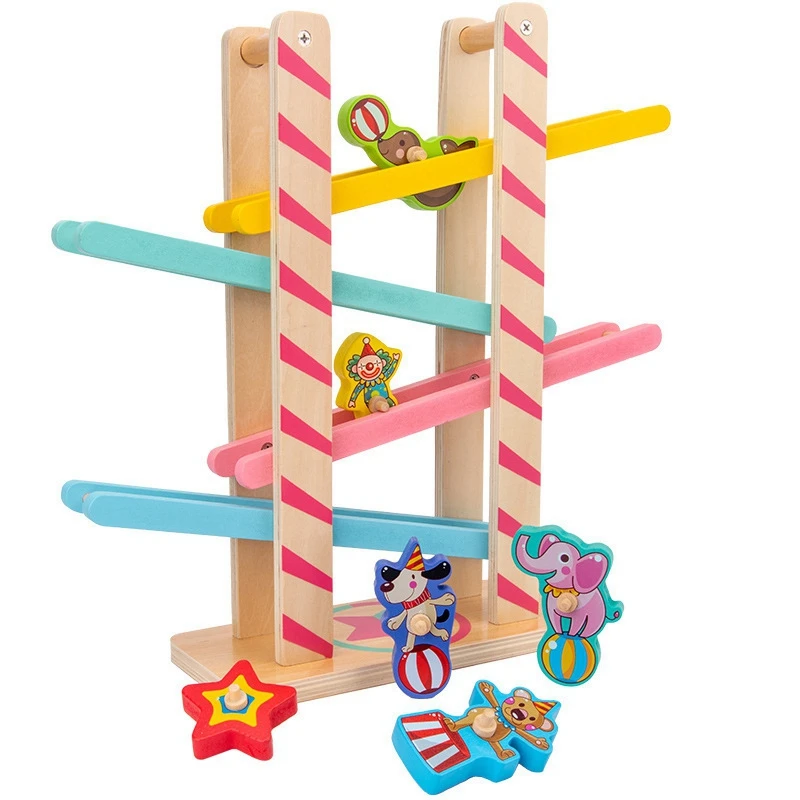 

Kids Wooden 4-Layer Race Track Pulley Toy Rolling Animals Gliding Rail Toys for Baby Education Toys