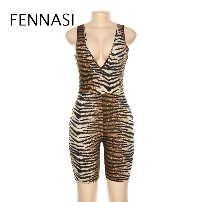 

FENNASI Leopard New Overall Women Elastic Print Jumpsuit Thin Summer Outfit Sleeveless V-Neck Halter Slim Fit