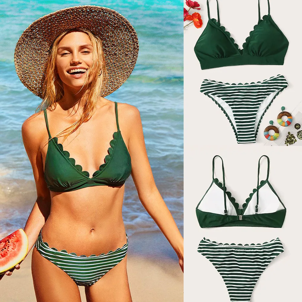 

Plus Size Swimwear 2021 New Sexy Green Lace Triangle Separate Swimsuit Women Push Up Striped Sexy Bikini Suit Swimming Clothes