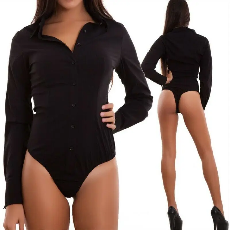 

Women V Neck Jumpsuit Bodycon Button Shirt Romper Body Tops Long Sleeve Bodysuit