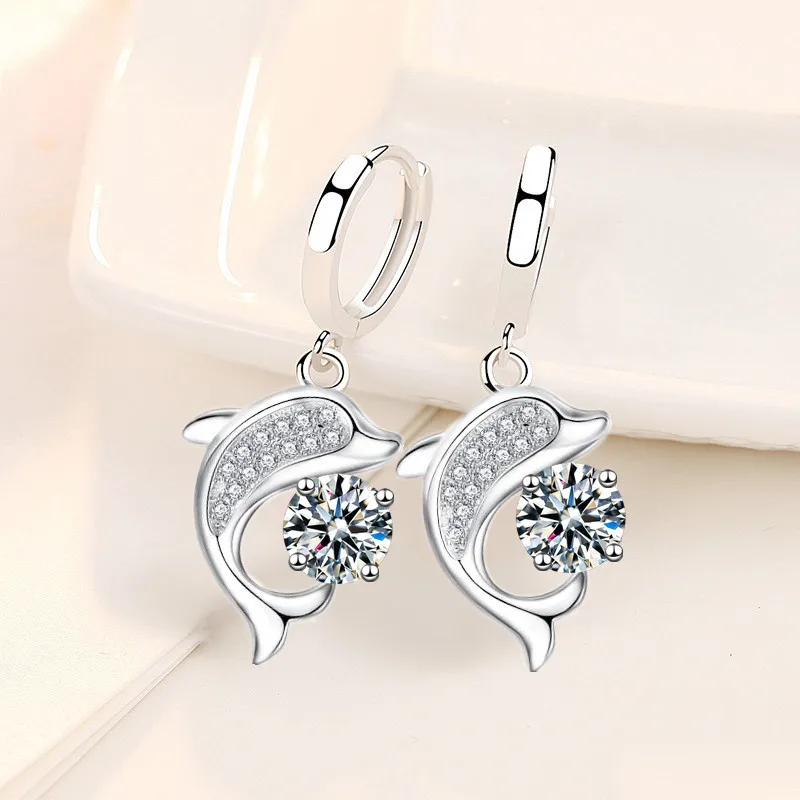 

KOFSAC 2021 Cute Dolphin Hoop Earrings For Women 925 Sterling Silver Jewelry Elegant Zircon Crystal Blue Earring Girl Gift