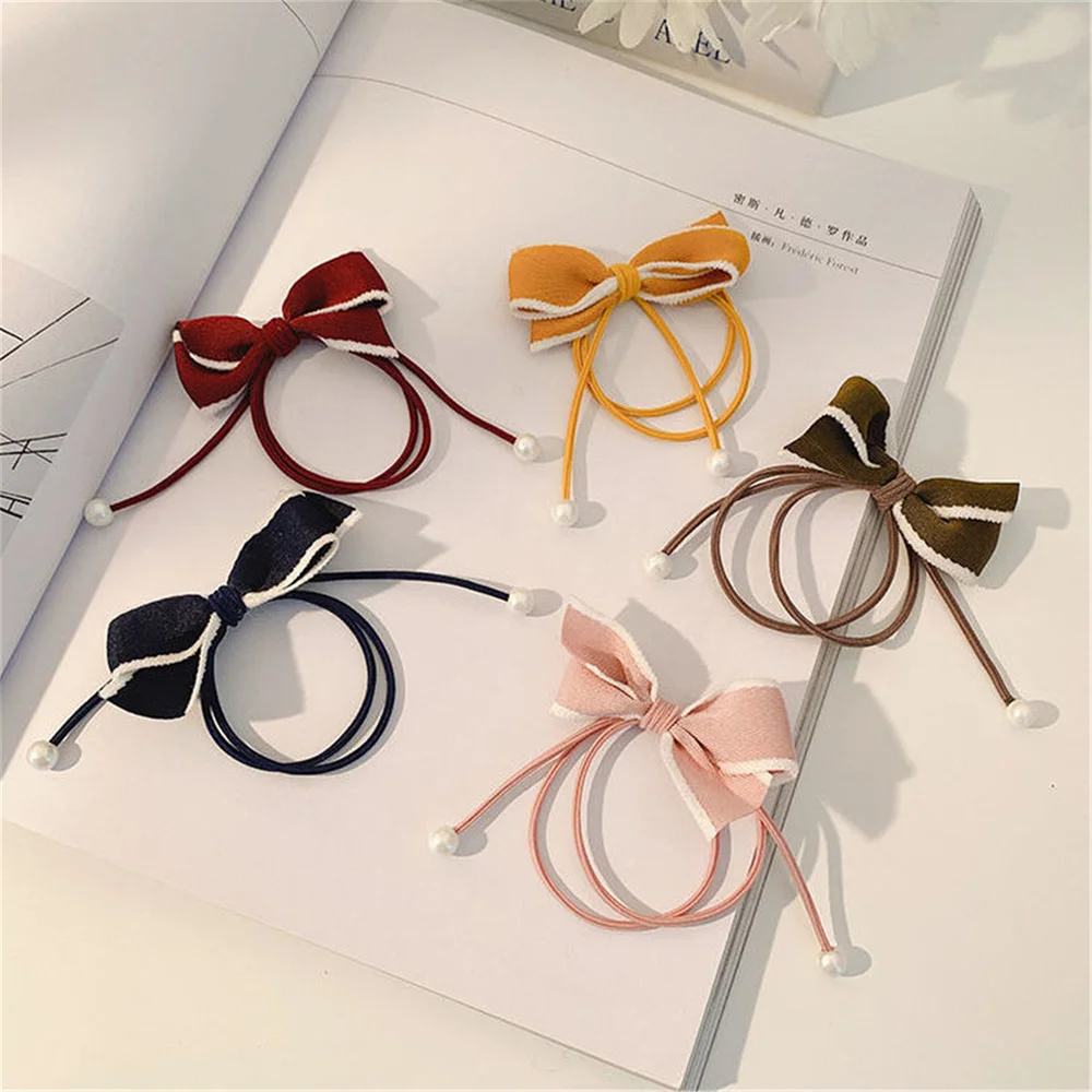 

Hand-Knitted Woolen Yarn Bow Knot Hair Rope Hair Tie For Little Girls Sweet Girl Cute Pearl Bow Head Rope 2021 New Autumn Winter