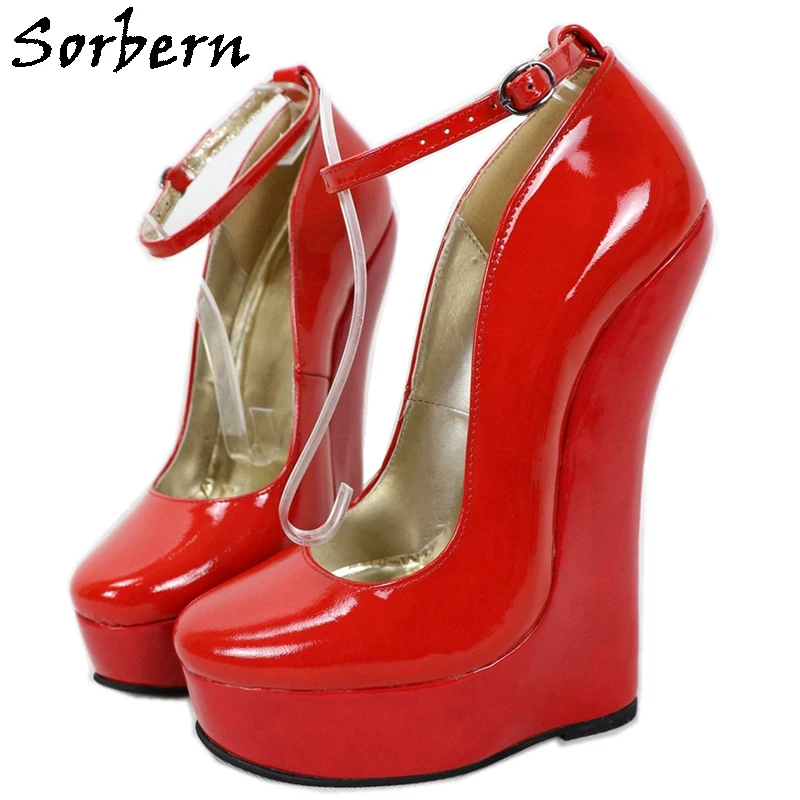 

Sorbern Genuine Leather Heelless Pumps Women Ankle Straps Shiny Red 20Cm No Heel Platform Shoes Lady Heeled Shoes Custom Colors