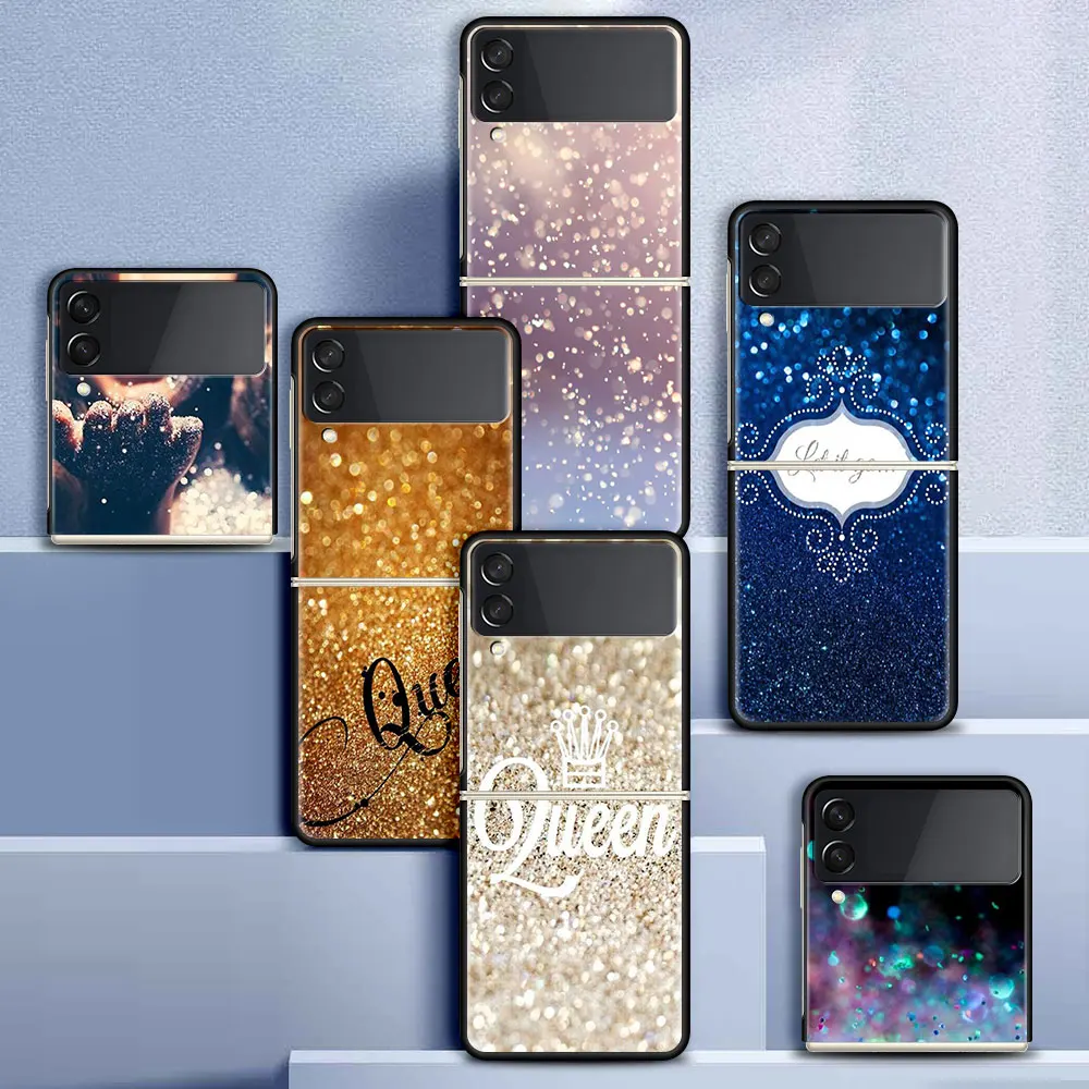 

Case For Samsung Galaxy Z Flip 3 5G Funda ZFlip3 Luxury Black PC Hard Shockproof Back Phone Coque Pink Glitter Gold Printing