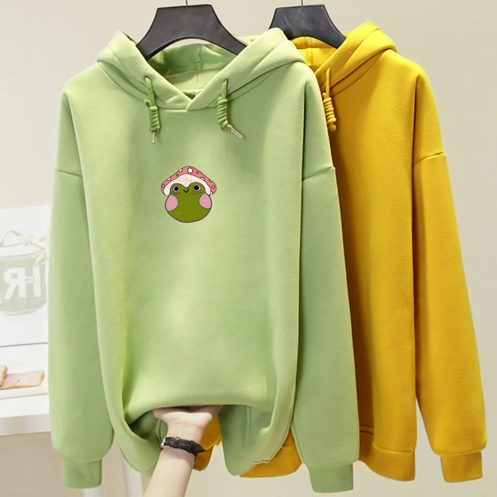Loose Pink Hoodies Women Vintage Sweatshirt Aesthetic Frog Aesthetic Fleece Drawstring Pullover Sweetshirt Streetwear Unisex Top