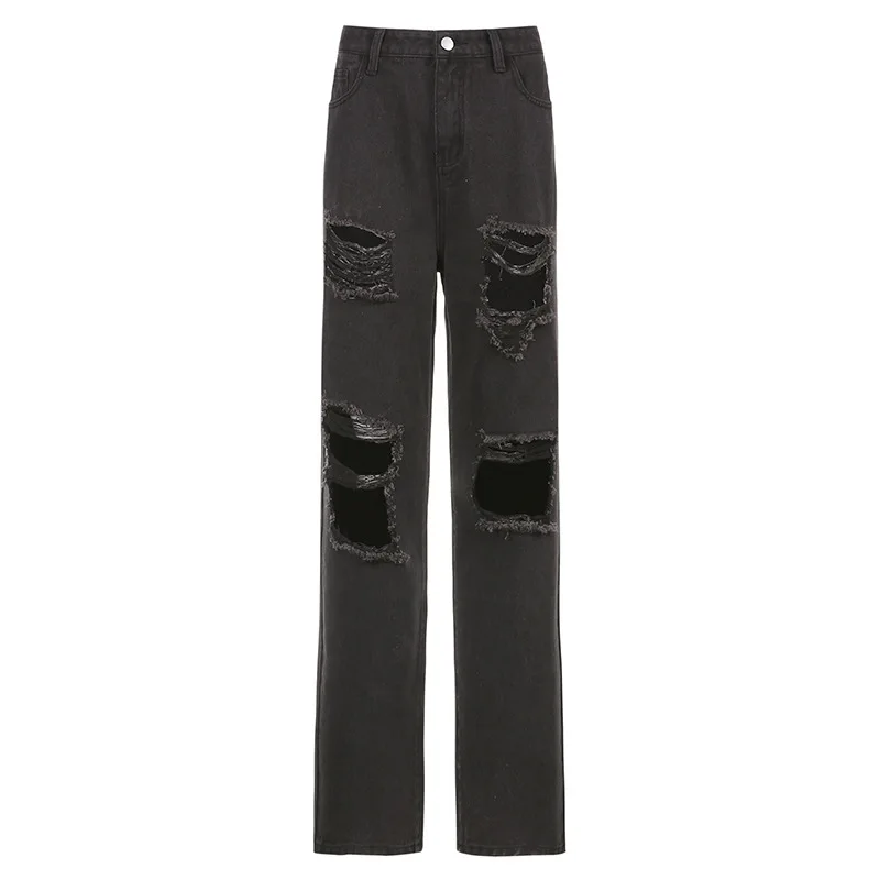 

Street fashion trend solid color high waist button personality hole loose straight pants women 2021 model year