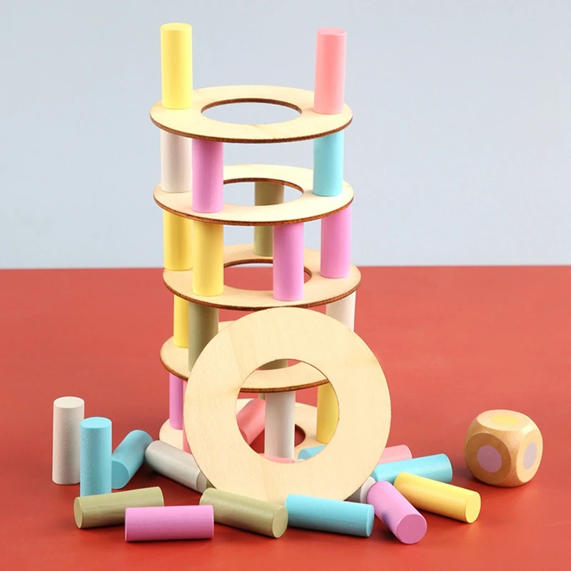 

Wooden Colorful Tower Stacking Game Rainbow Blocks Toys Building Blocks Balance Toy Educational Game for Kids