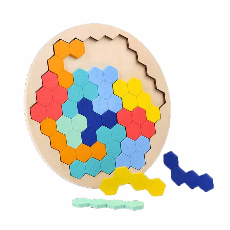 

Красочные шестиугольные деревянные геометрические формы головоломки доска Монтессори игрушки развивающие интеллектуальные игрушки для д...