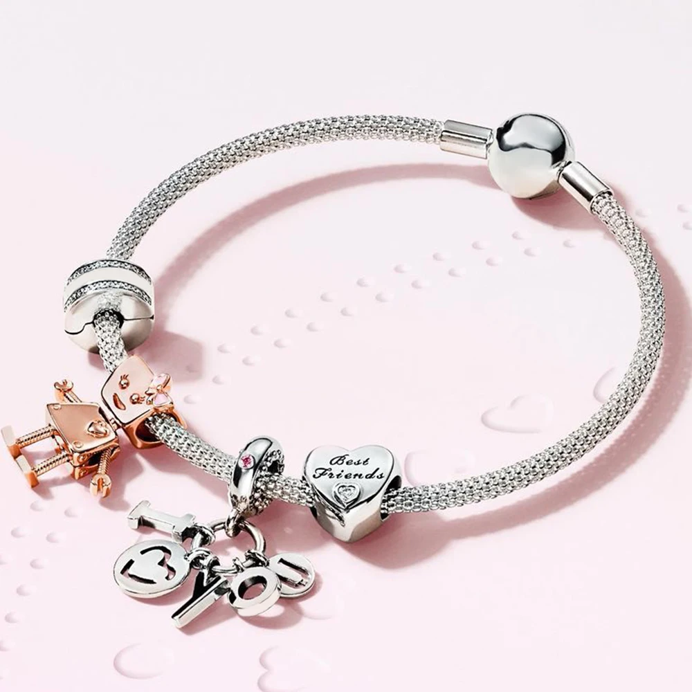 

2019 NEW 100% 925 Sterling Silver 1:1 ROSE BELLA BOT FRIENDSHIP HEART CHARM I LOVE YOU HANGING CHARM MOMENTS MESH BRACELET Set