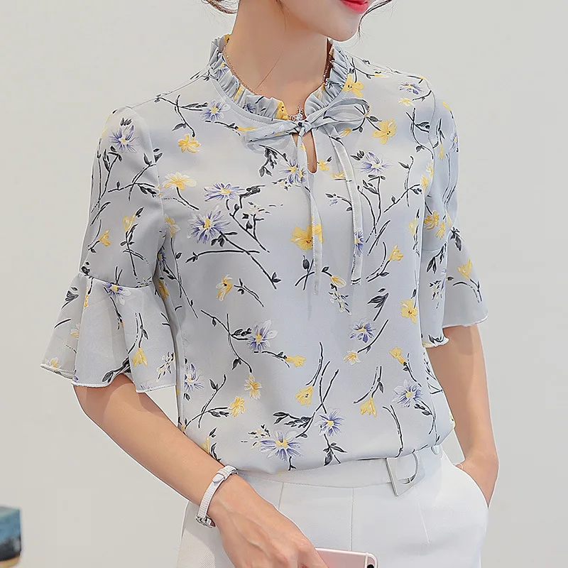 

3XL New Women Summer Tops Fashion Casual Underwear Blouse Plus Size Flowers Print Shirts Slim Flare Short Sleeve Chiffon Shirt